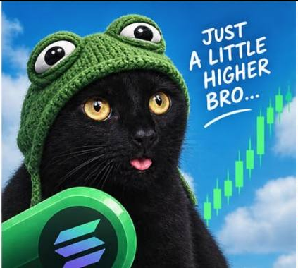 Blackie wearing a frog hat asking the chart to go higher